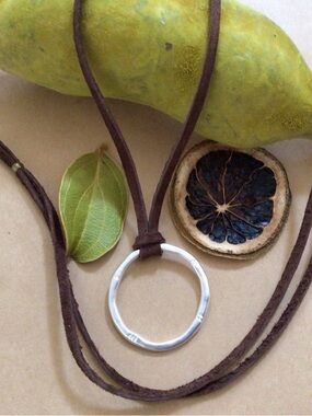 Sundance Charm Leather Suede Cord Hammered Silver Circle Necklace